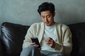 Relaxed young man checking his smartphone while sitting comfortably on a couch in a cozy indoor space