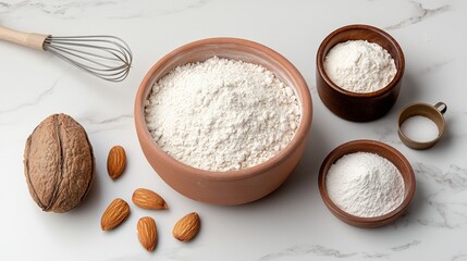 Baking Ingredients Arranged on Marble Surface with Flour and Nuts
