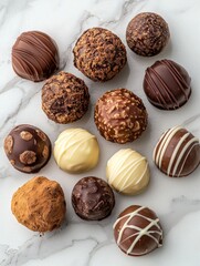 Assorted Gourmet Truffles on Marble Surface: Delicious Dessert Treats