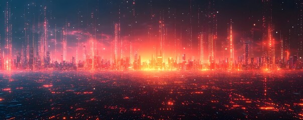 Futuristic cityscape glowing with data streams representing financial growth and corporate influence