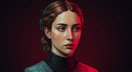 Futuristic cyberpunk portrait of young woman with dual red and teal lighting. Digital art with sci-fi interface elements, technological patterns, and HUD graphics against dark background creating dram