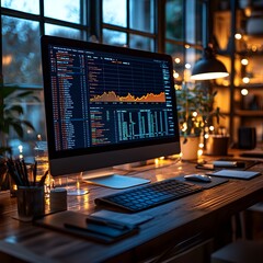 A modern workspace with financial data analysis on a desktop computer screen  long title A cozy focused workspace with a desktop computer displaying