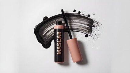Close-Up of a Mascara Tube and Brush on a Table, Isolated on a Plain Background, Highlighting Beauty Product and Cosmetic Packaging Design