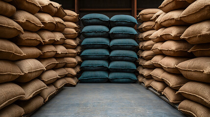 Obraz premium Stacks of burlap sacks filled with ethically sourced raw materials are neatly arranged warehouse, creating sense of order and sustainability. earthy tones of sacks contrast with industrial setting