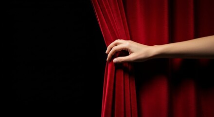 Hand open stage red curtain on black background