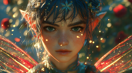 fairy princess with delicate translucent wings stands amidst magical garden, her expression serene and enchanting. Glowing orbs of light surround her, adding to mystical atmosphere