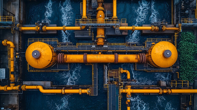 Aerial view of industrial facility with vibrant orange pipes and water recycling systems, showcasing efficient closed loop water management. intricate network highlights sustainability