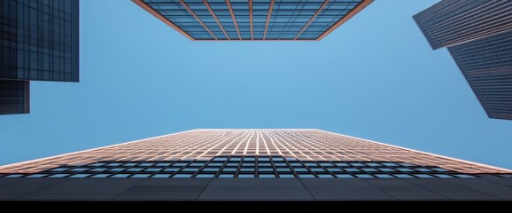 Looking up, tall buildings frame the blue sky above with repeating geometric window pattern and steel structure
