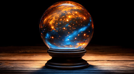 glowing fantasy crystal ball with swirling neon energy, set on wooden base, emits mystical and enchanting aura. vibrant colors and cosmic patterns create sense of wonder