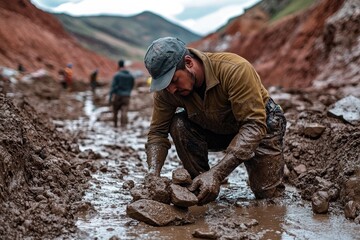 Miner sorting rocks in muddy riverbed