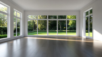 Fototapeta premium a wide shot of an empty room with large windows showing a lush green garde