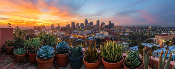 Fototapeta premium vibrant sunset over city skyline, showcasing blend of modern architecture and lush greenery pots. scene evokes sense