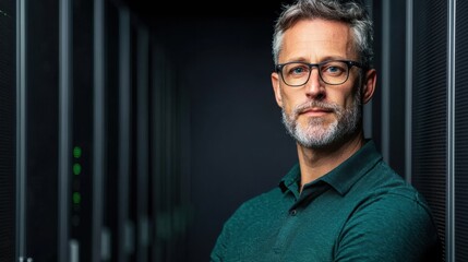 A confident man with glasses stands in a data center, showcasing a modern and professional atmosphere in technology and information management.
