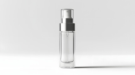 sleek, transparent airless pump bottle stands against minimalist background, showcasing its elegant design. Ideal for skincare products, it exudes modern and clean aesthetic