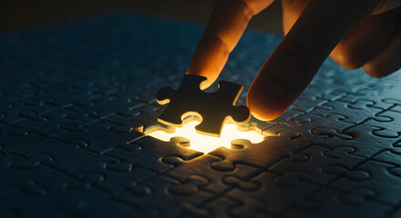 Hand Placing Last Puzzle Piece in Dark Jigsaw Puzzle with Dramatic Lighting Concept Of Problem Solving