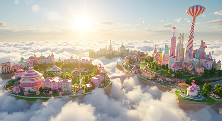 Magical fantasy amusement park floating on islands among clouds with golden sunrise backdrop. Digital illustration of whimsical theme park with colorful attractions, hot air balloon, and dreamlike atm