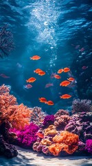 Fototapeta premium A deep ocean scene with colorful corals and tropical fish in softly lit, clear blue water, creating a peaceful, dreamlike atmosphere