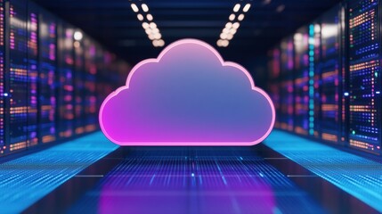 A futuristic data center featuring a glowing cloud symbol, representing cloud computing technology and digital storage.