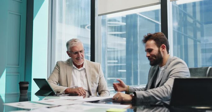 Documents, handshake and meeting with business people in boardroom of office for collaboration. Agreement, b2b and laptop with employee team in workplace together for acquisition, merger or success