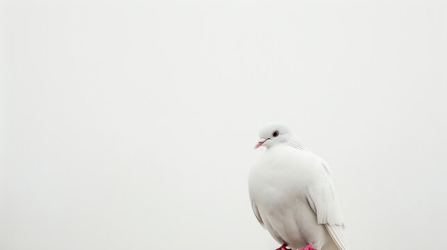A graceful white dove with a gentle expression is perched on a branch, its wings folded in a serene pose.