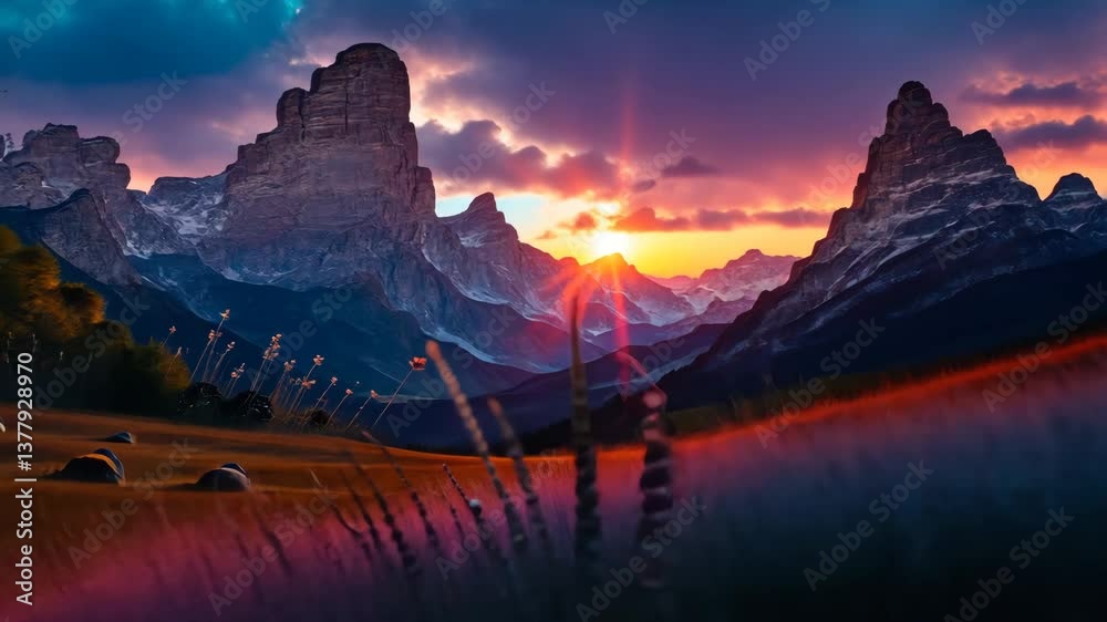 Poster a mountain range with a sunset in the background. the mountains are covered in snow and the sun is s