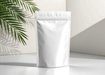 A pristine white stand-up pouch, ready for your brand's story, nestled amidst soft light and tropical leaves.