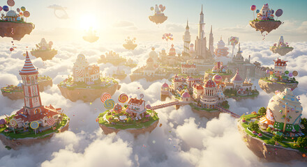 Magical fantasy amusement park floating on islands among clouds with golden sunrise backdrop. Digital illustration of whimsical theme park with colorful attractions, hot air balloon, and dreamlike atm