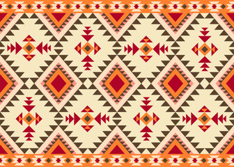 Colorful Navajo Tribal Seamless Geometric Pattern, Traditional Navajo-inspired seamless pattern with bold geometric shapes in warm earth tones, ideal for textiles, backgrounds, or design projects.

