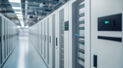 A modern data center corridor featuring rows of servers with LED indicators, showcasing advanced technology and efficient design.