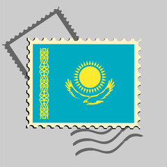 Kazakhstan flag postage stamp. Isolated vector illustration on grey post stamp background