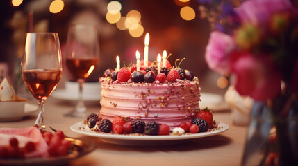 Delicious birthday cake with berries and candles celebration party event food photography dessert wine