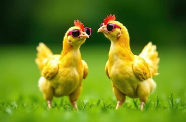 Fototapeta premium Two Chickens Wearing Sunglasses in a Field