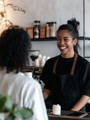 Obraz premium Smiling barista serves coffee in a modern cafe during the morning rush hour