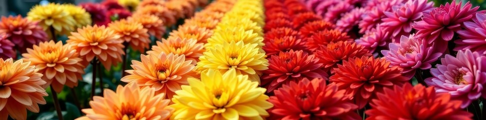 Fototapeta premium Close-up of dahlia rows adorned with bags of various colors, decoration, market, display