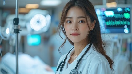 Young Female Doctor in Hospital with Medical Equipment and Patients