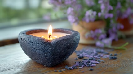 Heart-shaped ashes on the surface with a candle beside them, representing Ash Wednesday and the start of the Lenten journey.