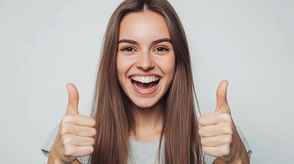 Young woman doing positive gesture with hand, thumbs up smiling and happy for success. People lifestyle concept. Winner gesture.