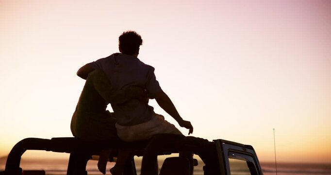 Road trip, hug and couple at sunset for view, car travel adventure or mockup space on holiday. Back, care or silhouette of people on vacation break for bonding, love or romantic outdoor date together