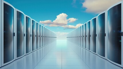 A futuristic data center with rows of sleek servers under a bright blue sky, symbolizing advanced technology and digital infrastructure.