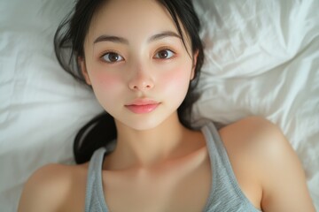 Fototapeta premium Young woman lying on white sheets in casual attire with relaxed expression highlighting natural beauty and calmness