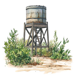 Watercolor illustration of an aged water tower on wooden supports surrounded by untamed bushes and vegetation.