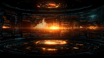 Futuristic trading room with glowing digital interfaces and data charts, creating high tech atmosphere. vibrant orange and black color scheme enhances modern design
