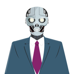 Scary cyborg skull illustration with red cables, suit, and tie symbolizing non-human AI takeover