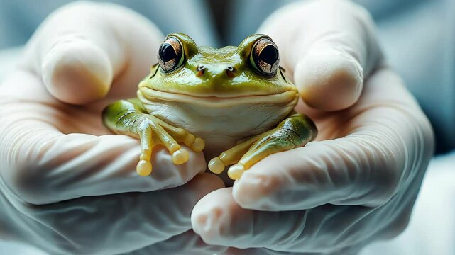 Close up hand of a researcher hands wearing gloves holding a small frog for experiment in laboratory. Research on laboratory animals, Animal testing concept	
