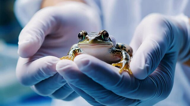 Close up hand of a researcher hands wearing gloves holding a small frog for experiment in laboratory. Research on laboratory animals, Animal testing concept	