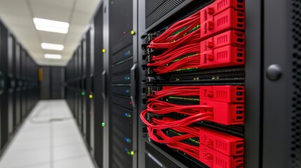 A close-up view of server racks with red cables and blinking lights in a data center, showcasing modern technology and infrastructure.