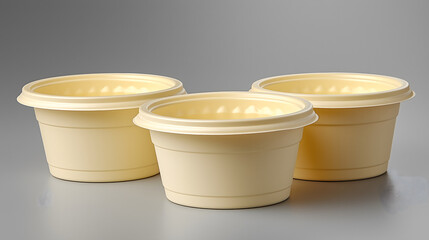 Three beige plastic containers are arranged on smooth gray surface, showcasing simple and functional design. containers are stackable, promoting efficient storage and sustainability