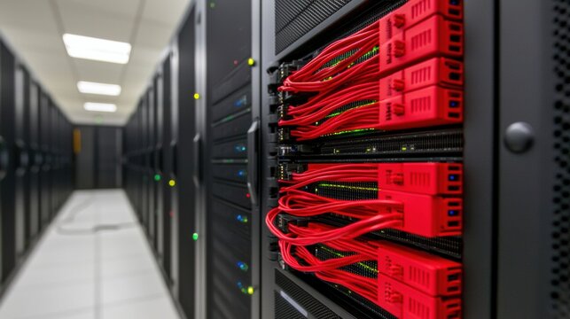 A close-up view of server racks with red cables and blinking lights in a data center, showcasing modern technology and infrastructure. - Powered by Adobe