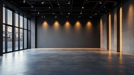 Blank exhibition wall in a modern event hall with industrial-style ceiling spotlights. 3D rendering