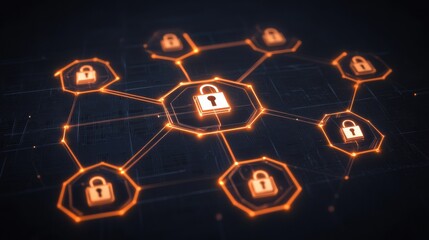 Abstract Network Security Visualization with Orange Glowing Padlocks on Dark Background